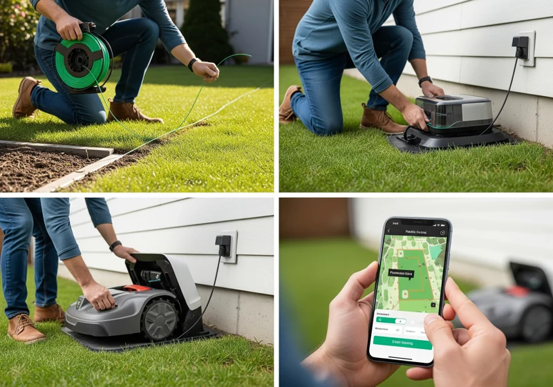 A sequence of images showing a homeowner installing a robotic lawn mower