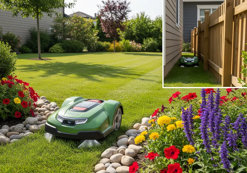 Robotic lawn mower navigating around garden obstacles and narrow pathways in residential yard