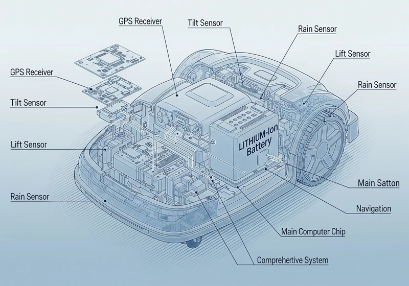 Technical diagram showing internal technology components that enable modern robotic lawn mower autonomous operation