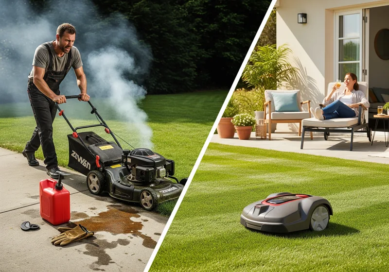 Cost and time comparison between traditional gas mowers and robotic lawn mowers showing long-term value