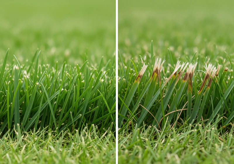 Macro photo comparing grass cut by a robotic mower (clean edges) and a traditional mower (torn edges).