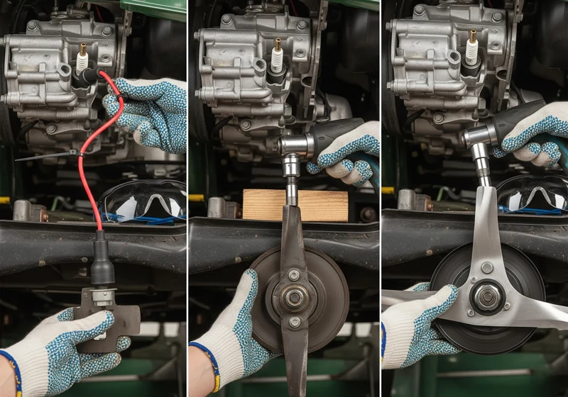 Lawn mower blade installation process showing safety steps including disconnected spark plug and proper blade orientation during installation