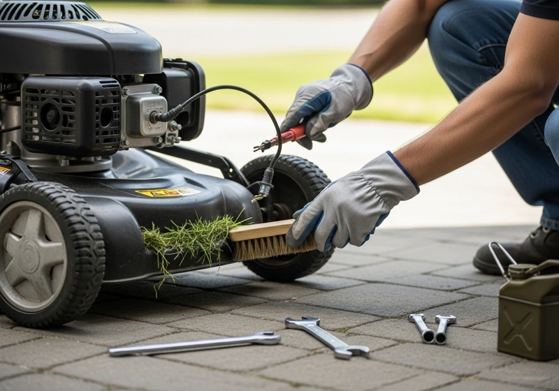 Proper technique for safely clearing lawn mower clogs with engine off and spark plug disconnected