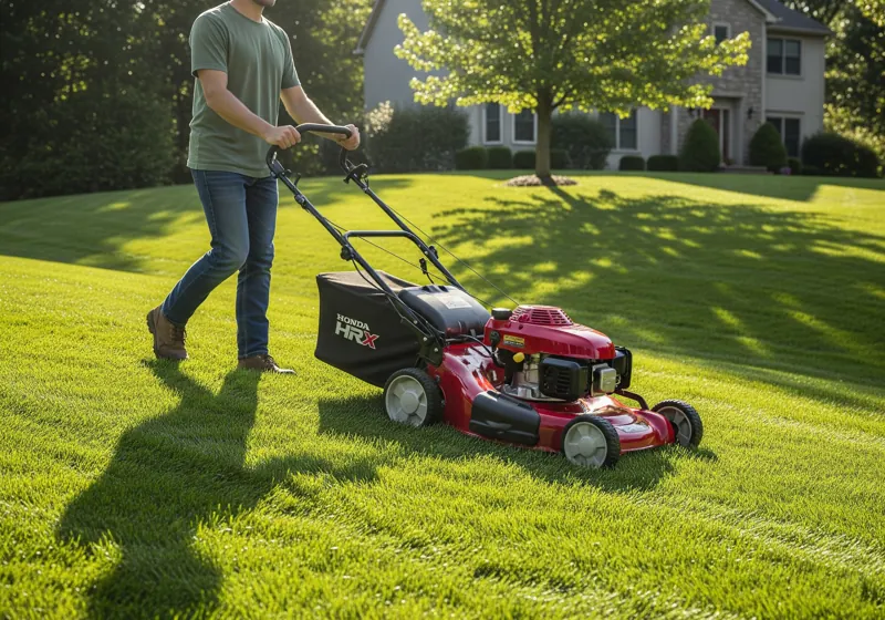 Honda self-propelled mower safely cutting grass on sloped yard demonstrating proper slope mowing technique