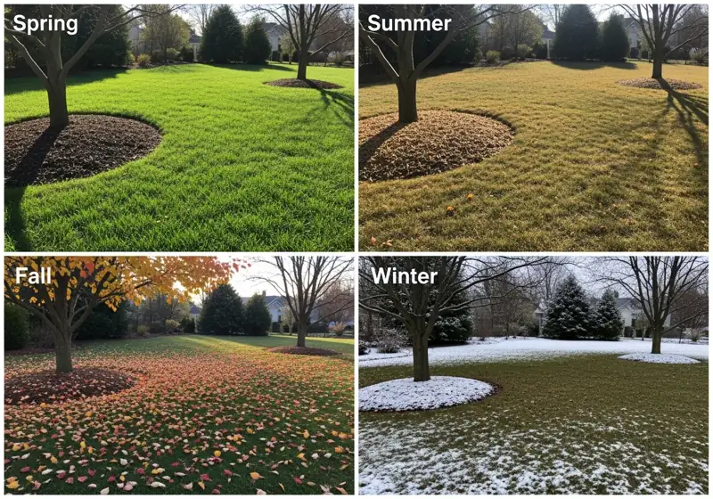 Four seasons of lawn showing different mulching challenges throughout the year