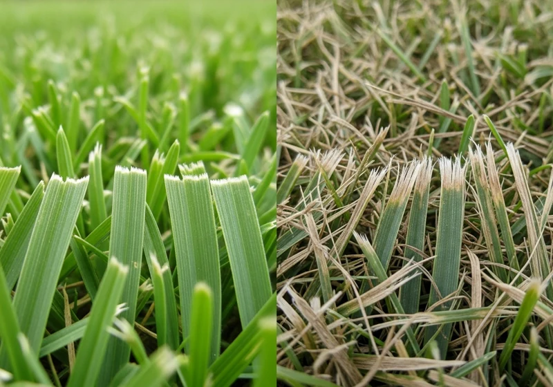 Comparison of grass cut with sharp blade (clean green edges) versus dull blade (brown frayed edges)
