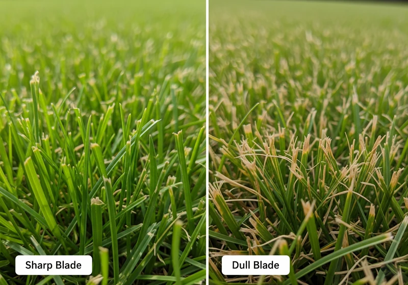 Lawn comparison showing clean cut grass from sharp mower blade versus brown-tipped torn grass from dull blade