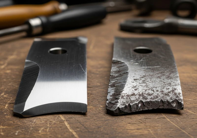 Close-up comparison showing sharp mulching mower blade versus dull worn blade