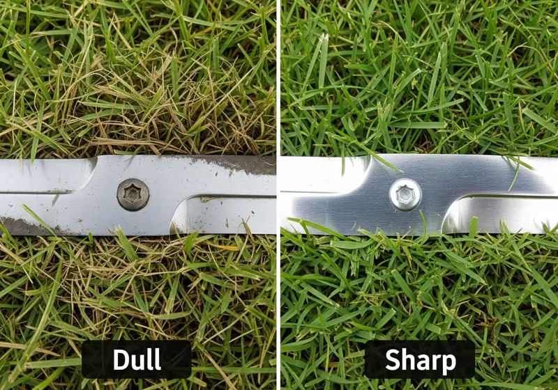 Comparison showing sharp and dull reel mower blades for maintenance reference