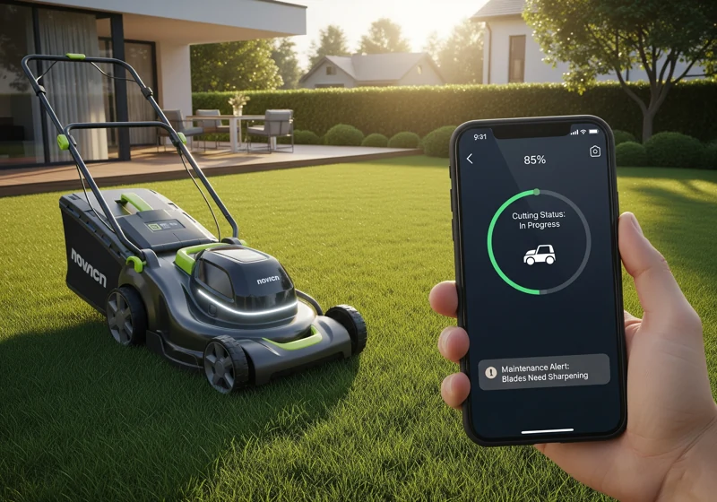 Modern smart electric lawn mower connected to smartphone app showing battery status and maintenance features
