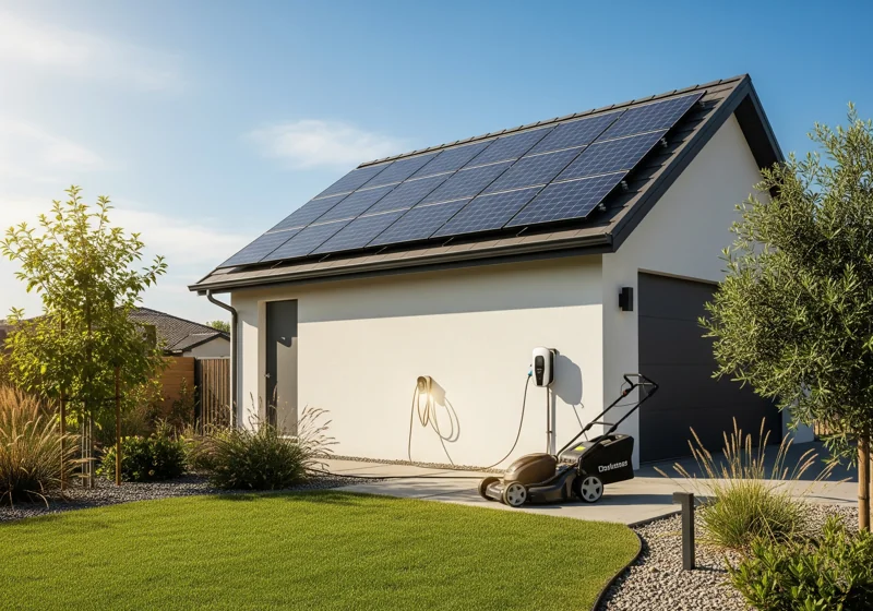 Solar panel system charging electric lawn mower battery for renewable energy mowing