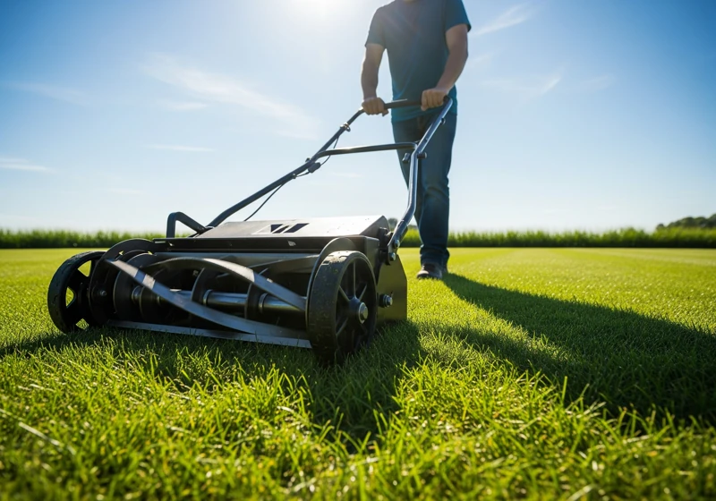 Person using a manual reel mower on a well-maintained lawn