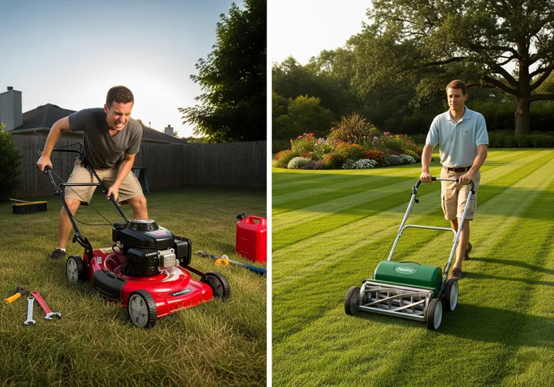 Comparison of struggling with a gas mower and easily using a reel mower.