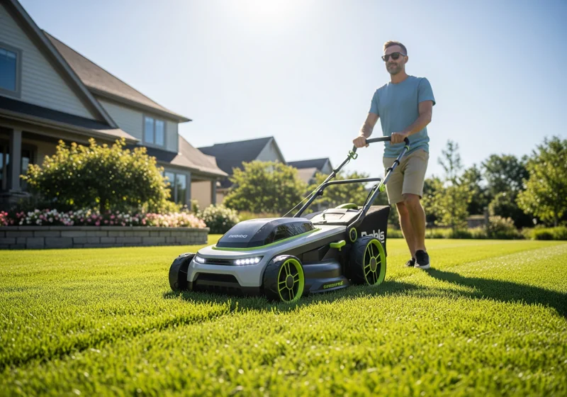 Person using a battery-powered mower on a residential lawn