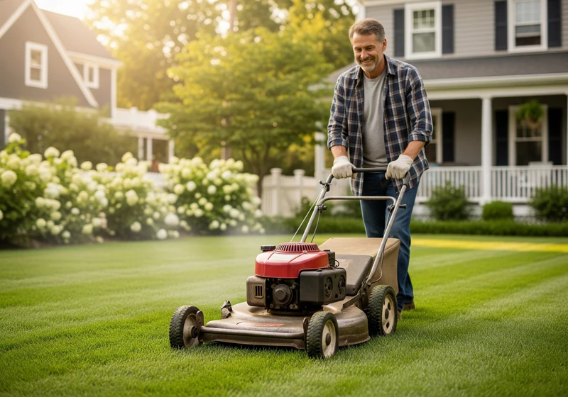 A person happily using a well-maintained older gas mower on a suburban lawn