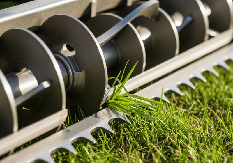 Close-up of a reel mower's blades cutting grass