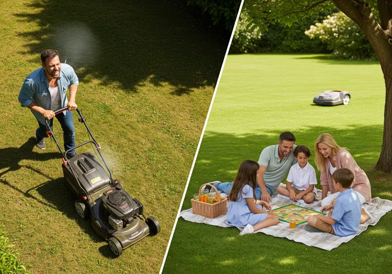 A comparison of a person mowing with a traditional mower and a family relaxing while a robotic mower works.