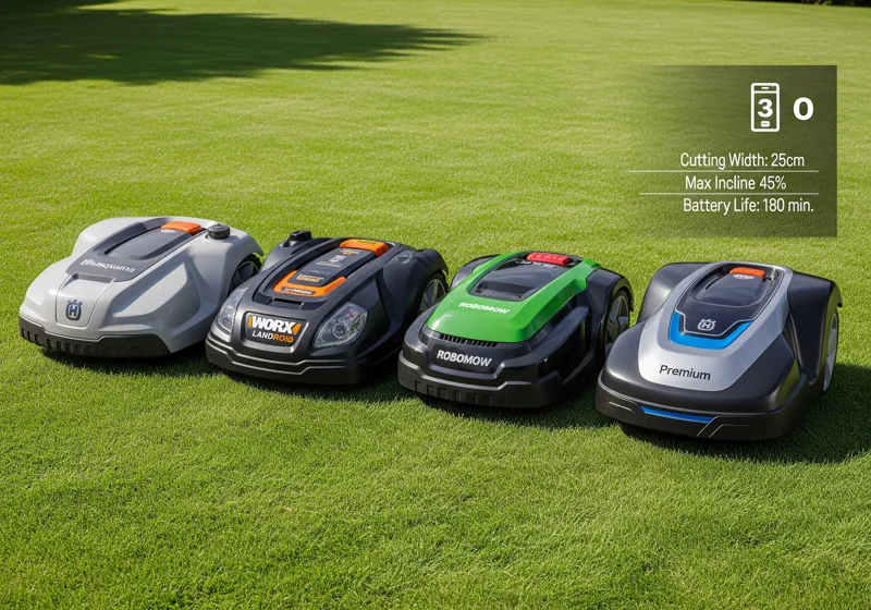 Four robotic lawn mowers lined up on a lawn