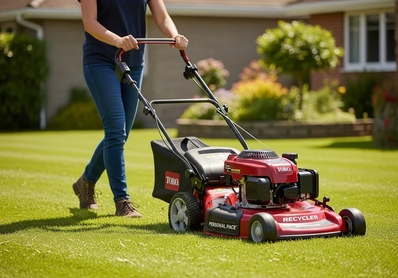 Toro Recycler gas mower with Personal Pace technology being used on residential lawn