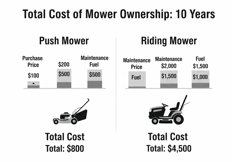 Cost comparison chart showing 10-year ownership costs of push mowers versus riding mowers