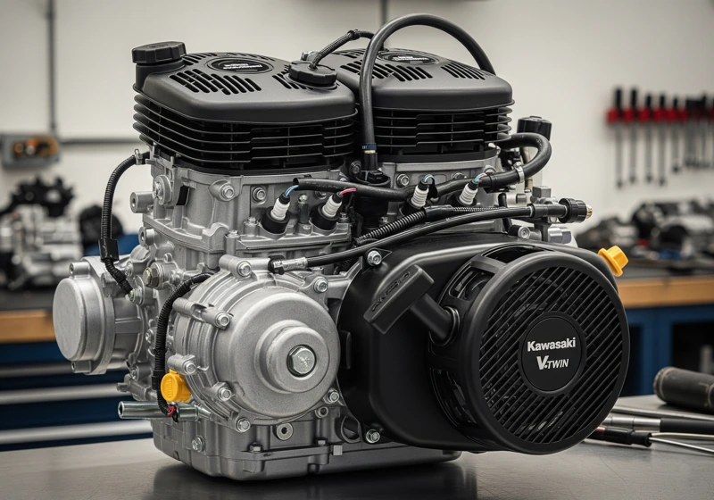 Twin-cylinder lawn mower engine showing two cylinders for increased power and smoother operation