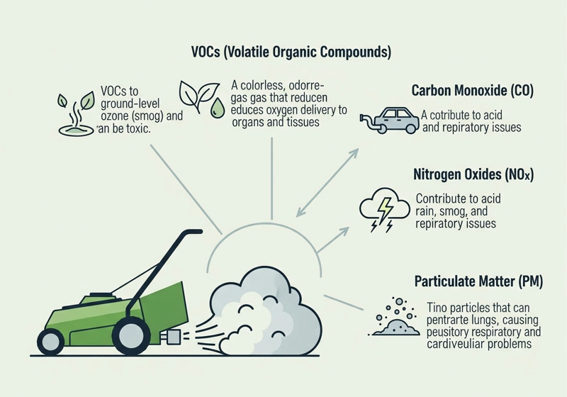 Diagram illustrating various air pollutants produced by gas lawn mowers including VOCs and particulate matter