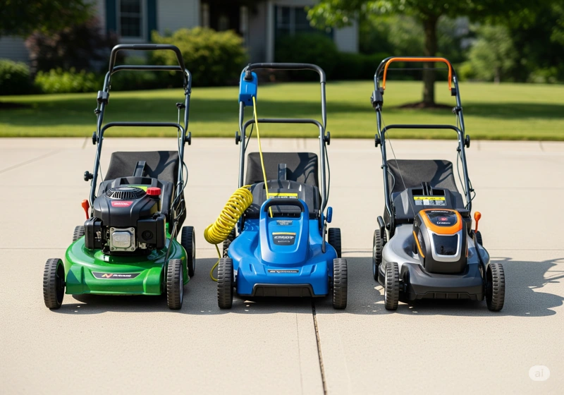 Three types of push mowers - gas, electric corded, and battery powered models displayed on driveway