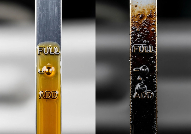 Lawn mower dipstick comparison showing clean oil versus contaminated oil that needs immediate changing