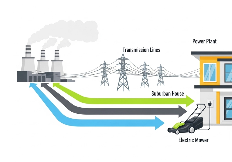 Diagram showing how electric lawn mowers connect to power grid and emission sources