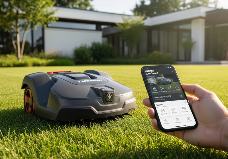Worx Landroid robotic mower with smartphone app showing smart navigation features