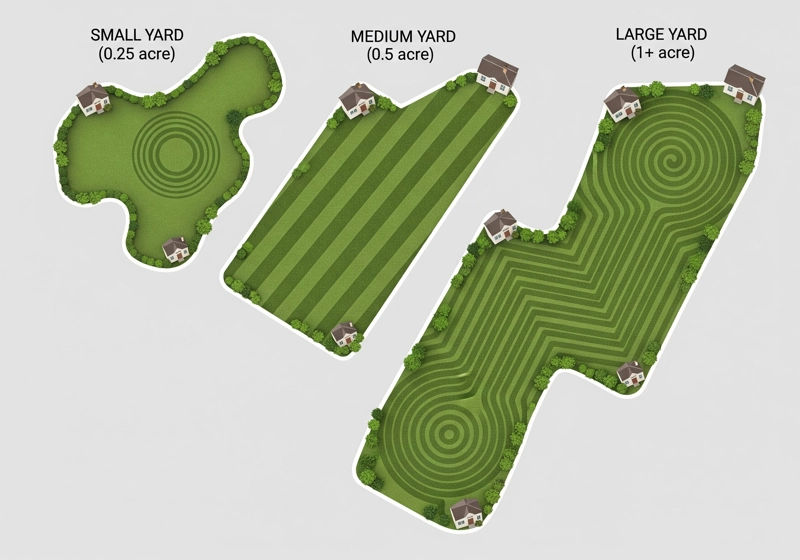 Aerial view showing different yard sizes for push mower vs riding mower selection