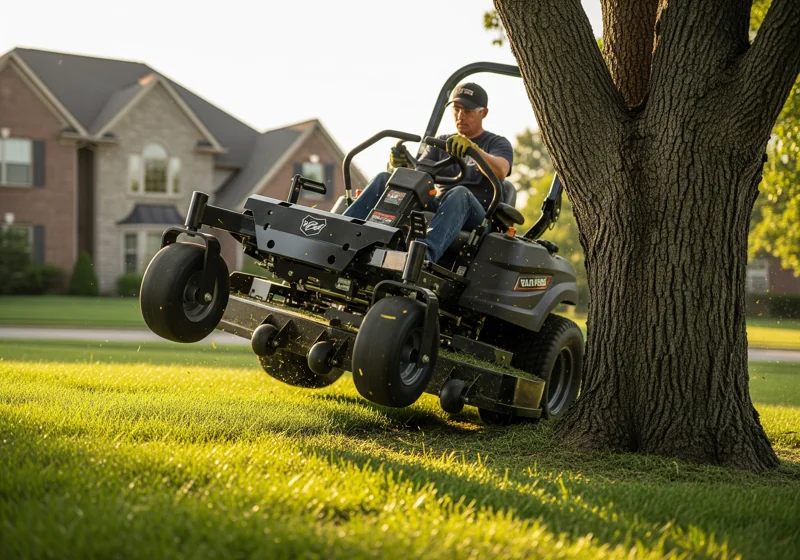 Zero-turn mower making a tight turn around a tree with motion blur