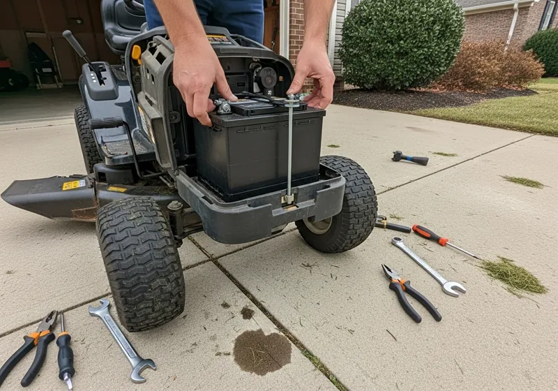 Installing 12 volt lawn mower battery with proper terminal connections and voltage testing