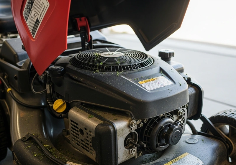 4-stroke lawn mower engine cutaway showing piston, valves, and crankshaft components