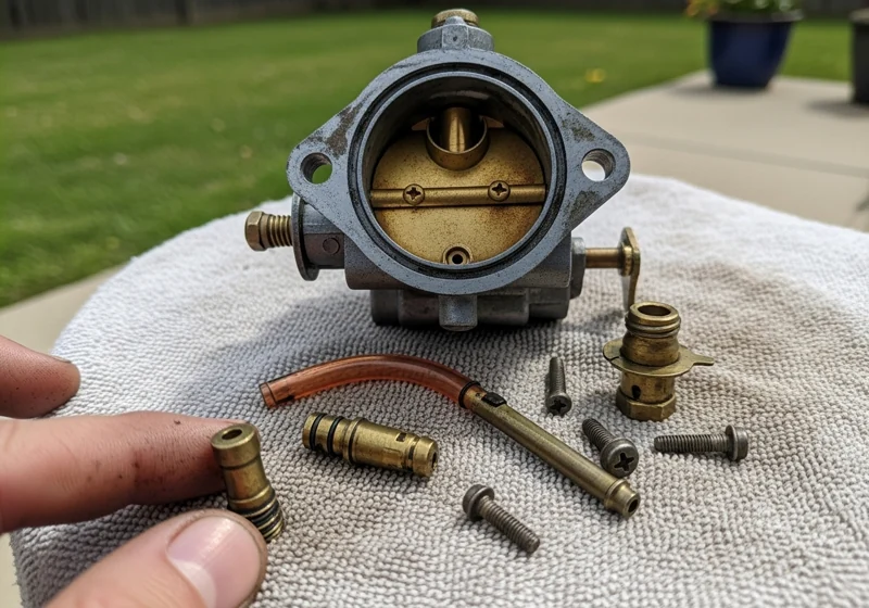 Disassembled lawn mower carburetor with small parts and screws on towel during repair
