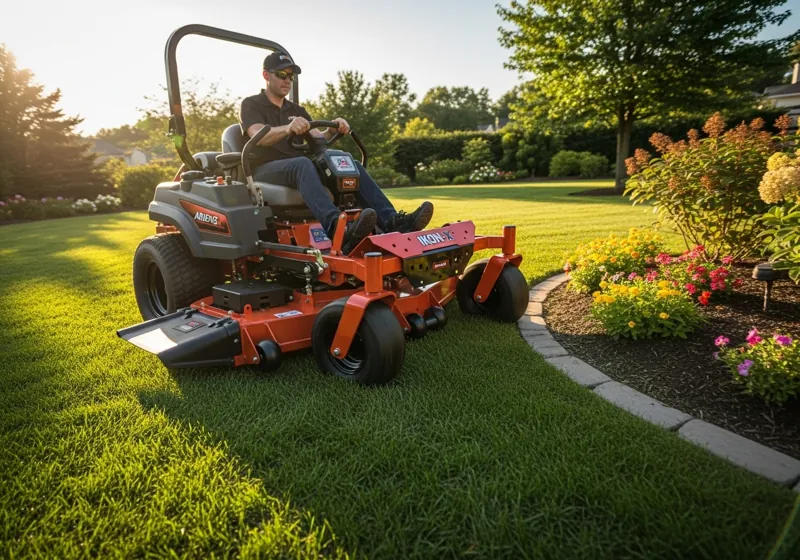 Ariens IKON-X 52-inch zero turn mower demonstrating tight turning radius and maneuverability around yard obstacles