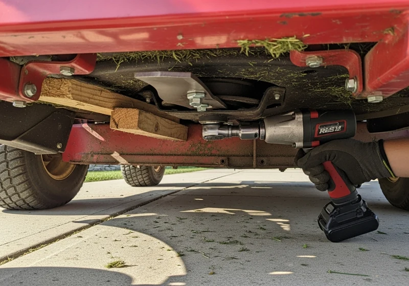 Demonstration of changing zero turn mower blades using impact wrench and 2x4 block to prevent blade rotation during removal