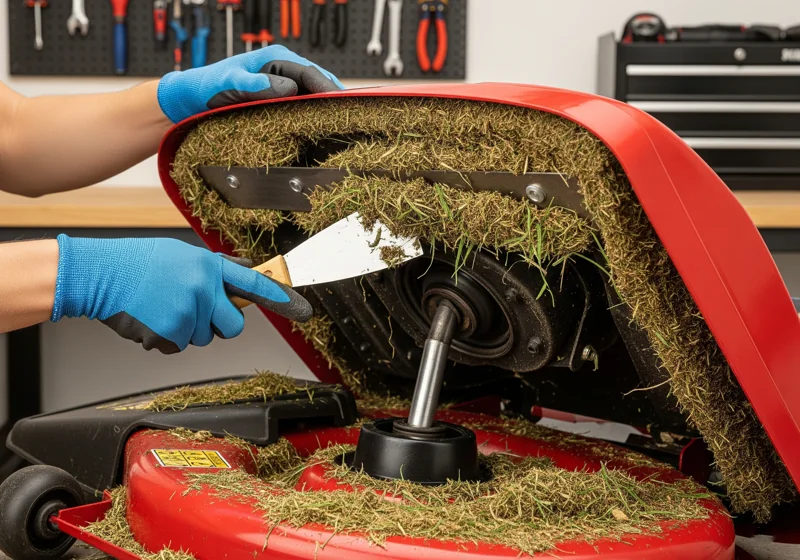Hands cleaning grass buildup from lawn mower deck with putty knife, demonstrating proper eco-friendly maintenance practices