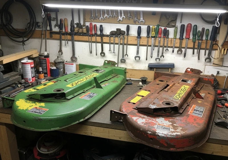 comparison of used riding lawn mower cutting decks showing build quality differences