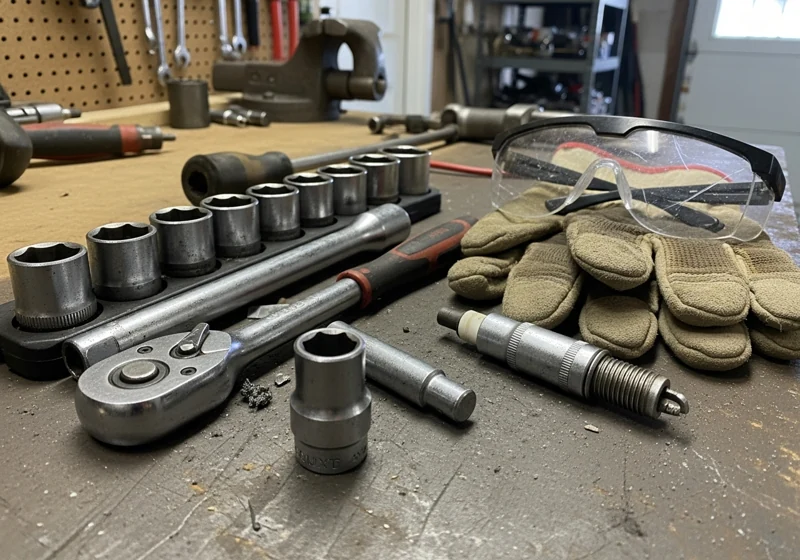 Well-used lawn mower repair tools including socket set, work gloves and safety glasses on garage workbench