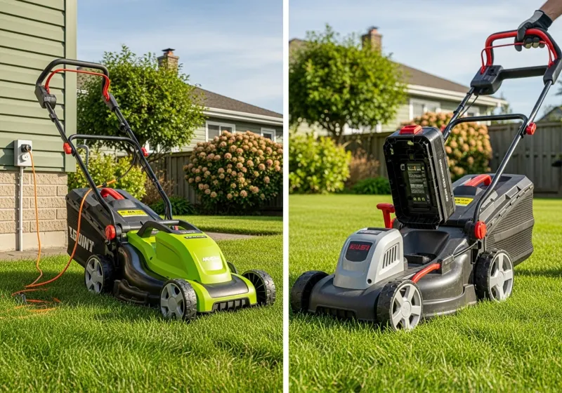 Corded and cordless electric lawn mowers side by side showing power differences