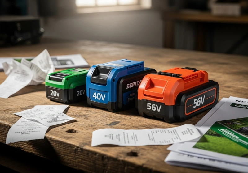 Different voltage battery packs for cordless lawn mowers showing power specifications