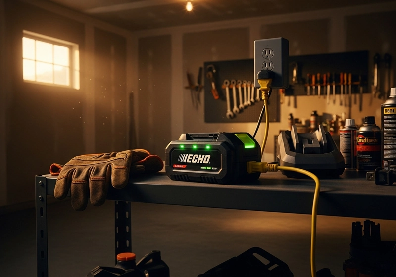 Homeowner maintaining cordless battery lawn mower and checking battery level