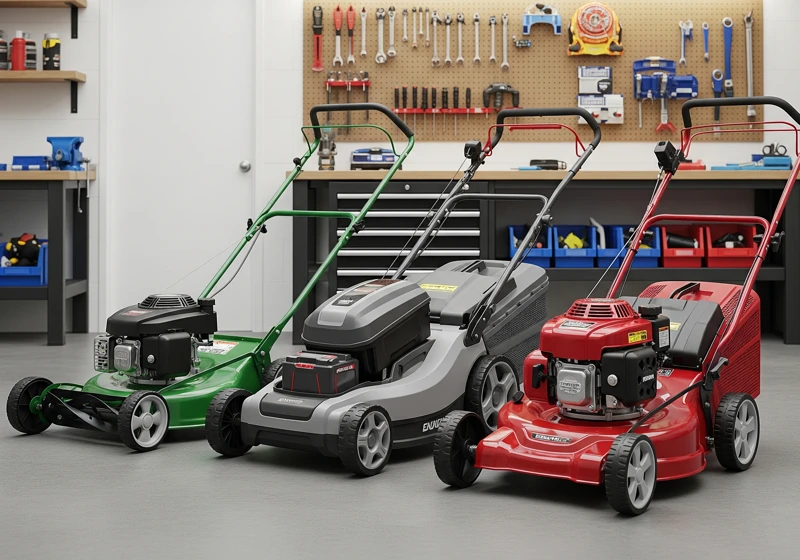 Three different lawn mower types - push mower, battery-powered, and gas-powered - displayed side by side showing options for different maintenance needs