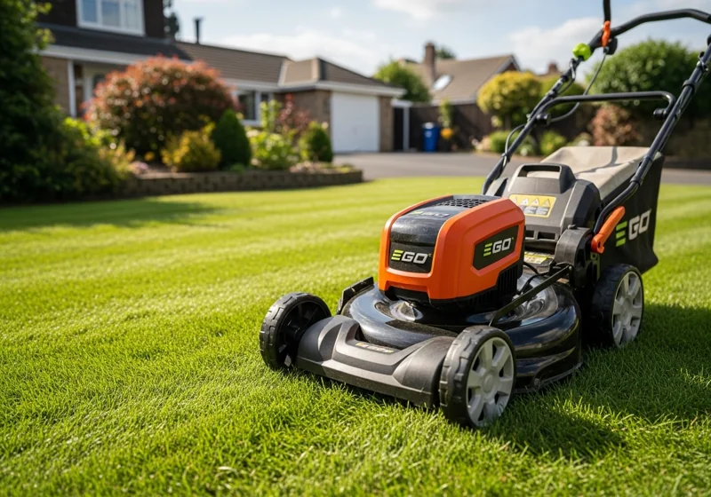 EGO Power+ LM2142SP cordless lawn mower being used on residential lawn