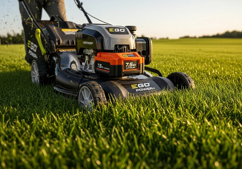 EGO Power+ LM2142SP cordless electric mower cutting thick grass showing battery power and performance
