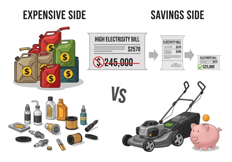 Cost comparison showing electric mower savings versus gas mower expenses including fuel and maintenance
