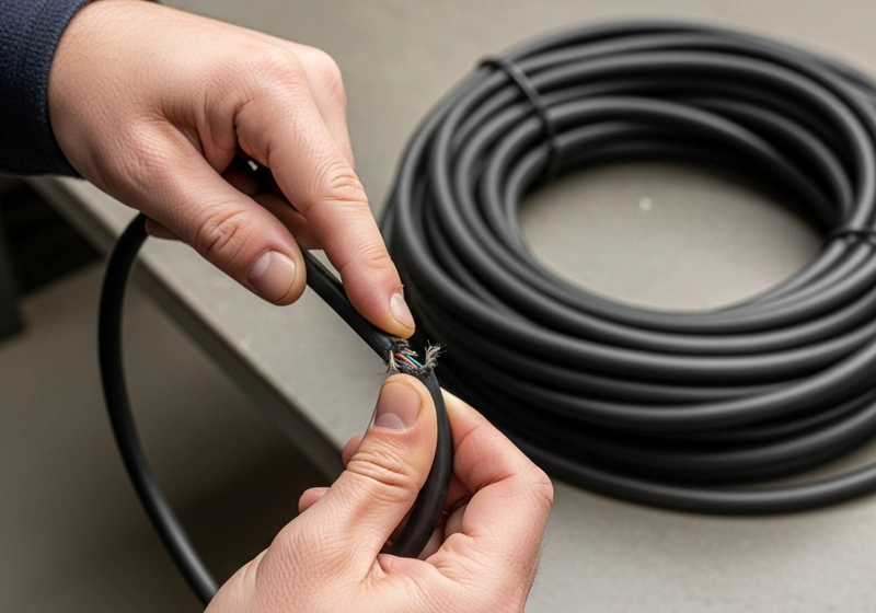Proper inspection technique for electric lawn mower power cord showing wear points and safe handling