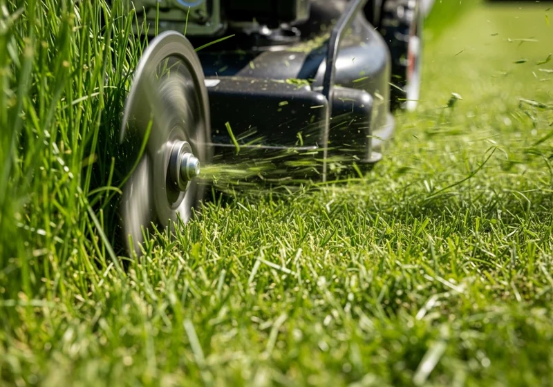 Electric mower demonstrating powerful performance cutting through thick grass with consistent results