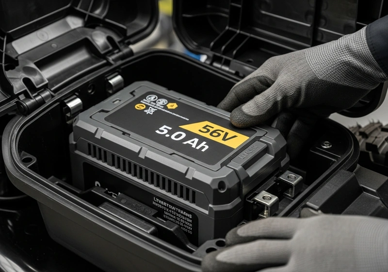 Electric lawn mower battery showing amp-hour rating for capacity comparison